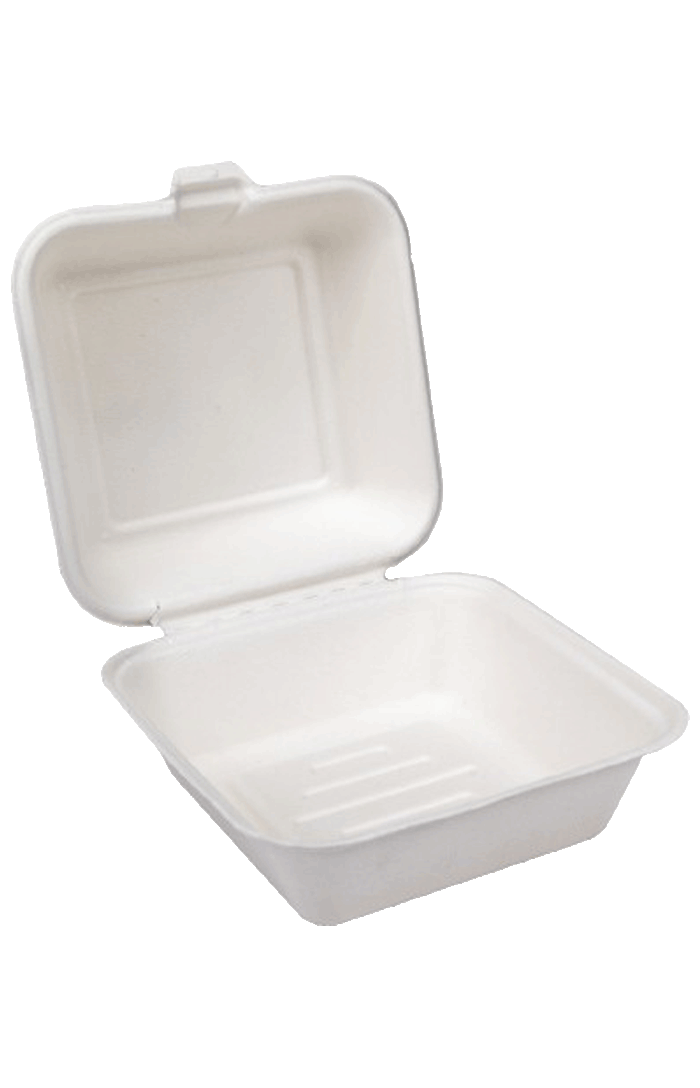 Sugarcane Bagasse Clamshell Burger Box 6×6″ 450ml Biodegradable